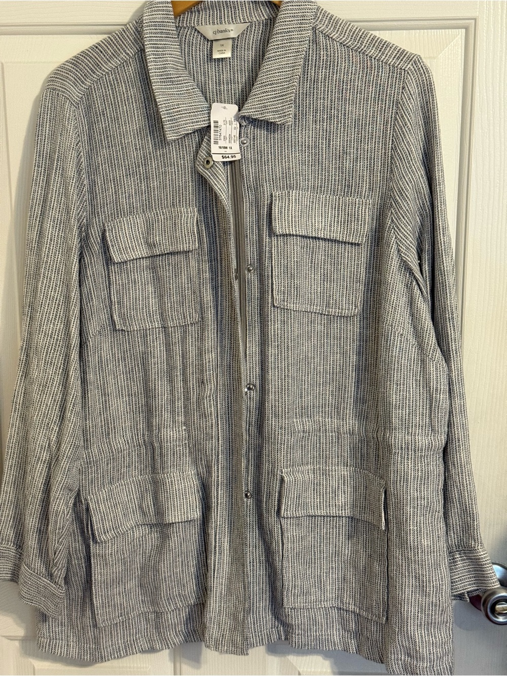 CJ Banks Gray and White Striped Utility Jacket